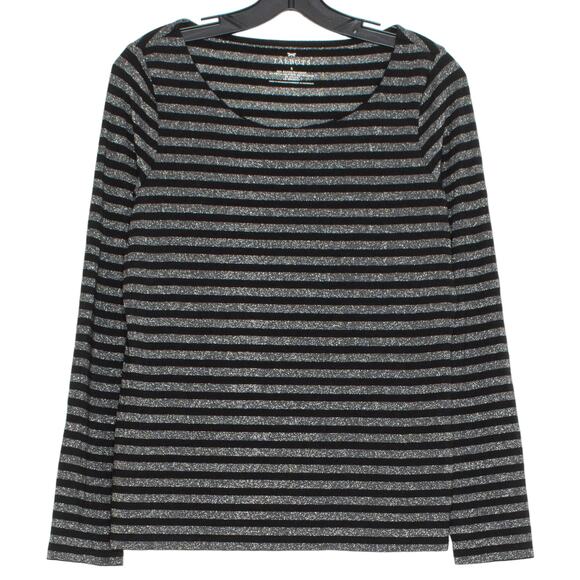 Talbots Womens Top Long Sleeve Metallic Tee Stripe Black Silver Size Small KQ - Picture 1 of 5